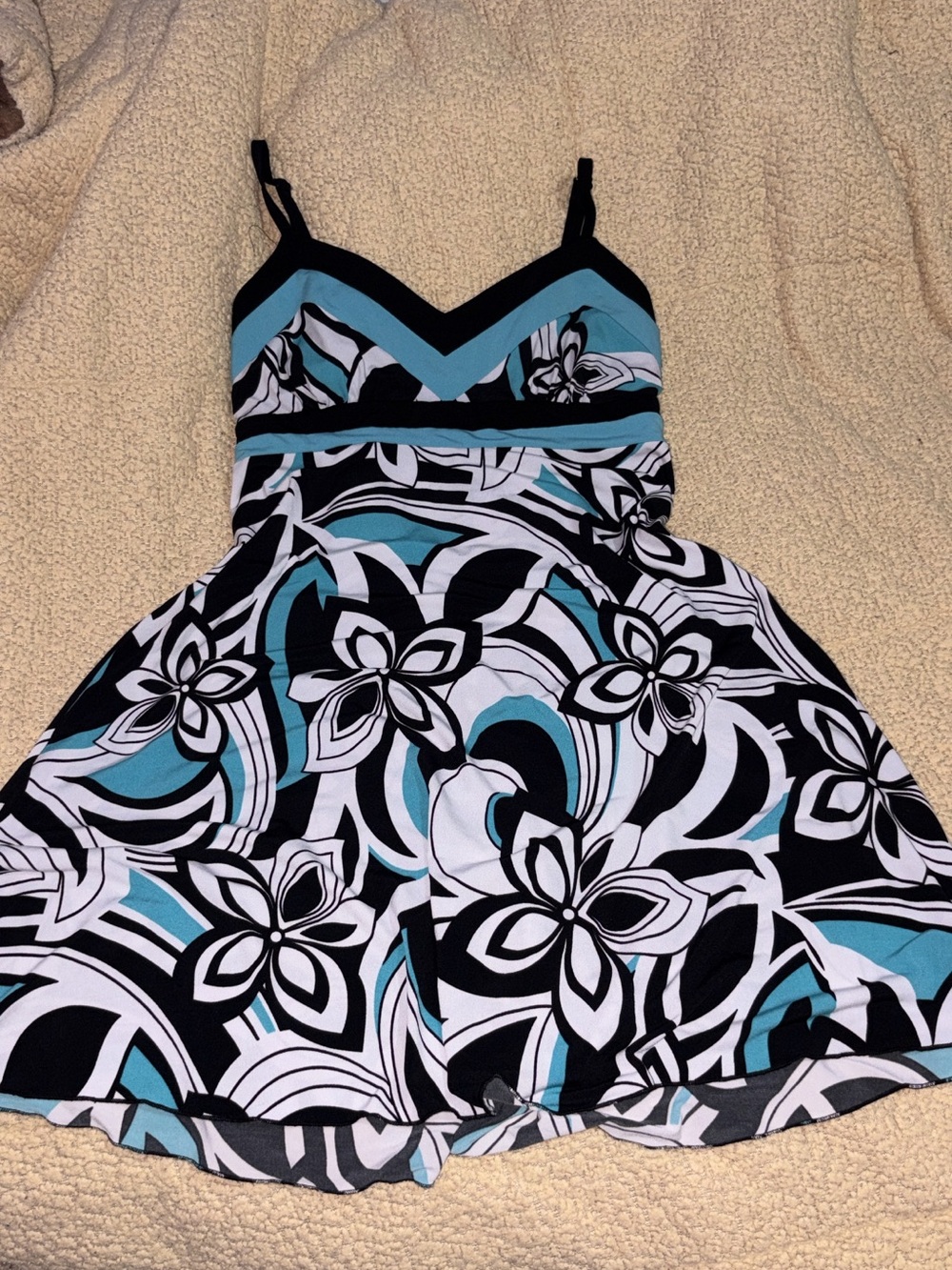 La Belle Black, White & Teal Floral Fit-and-Flare Mini Dress Y2K